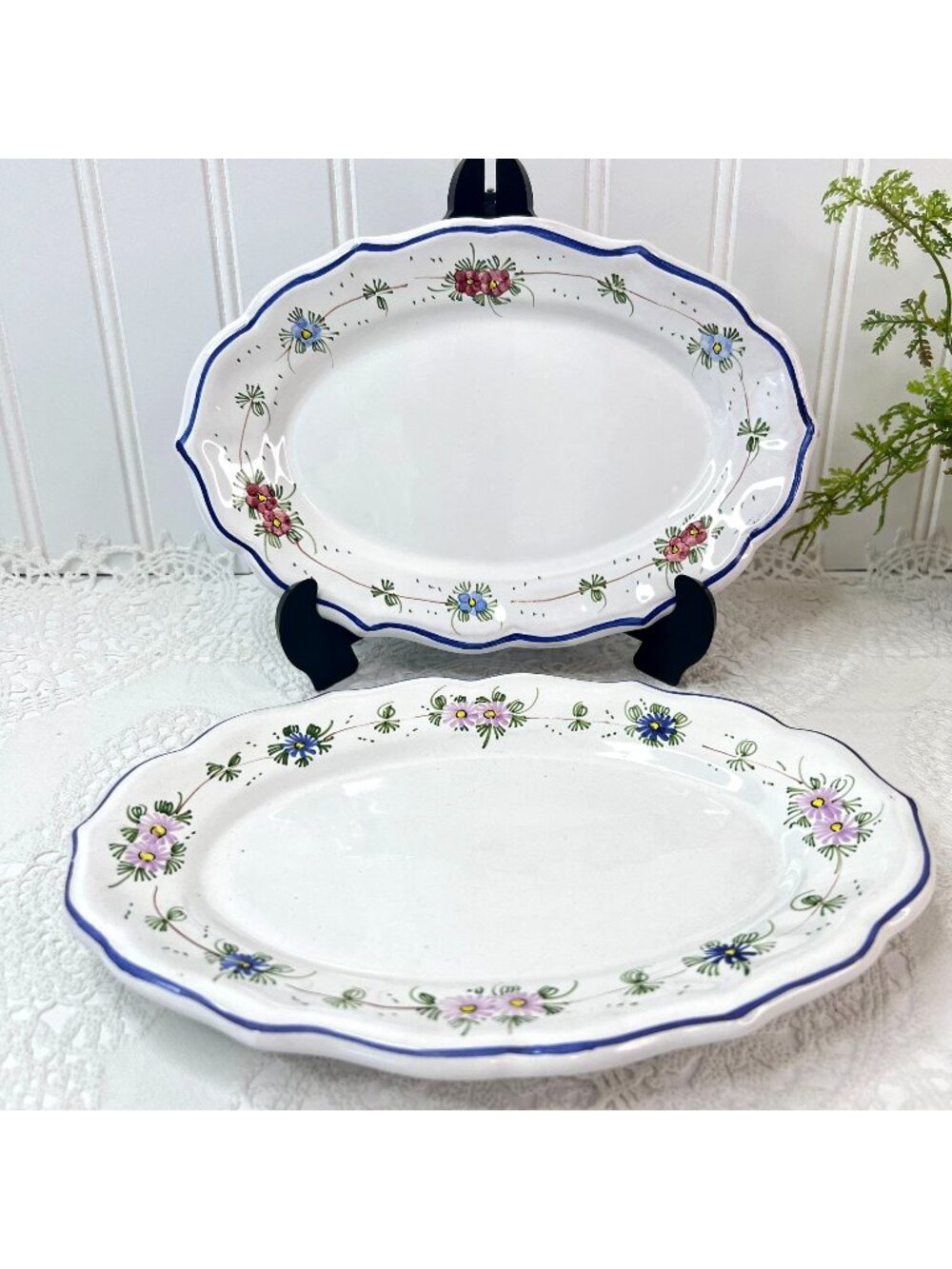 Vintage Castelli L. Pardi Hand-Painted Italian Ceramic 9" Oval Plates Set of 2